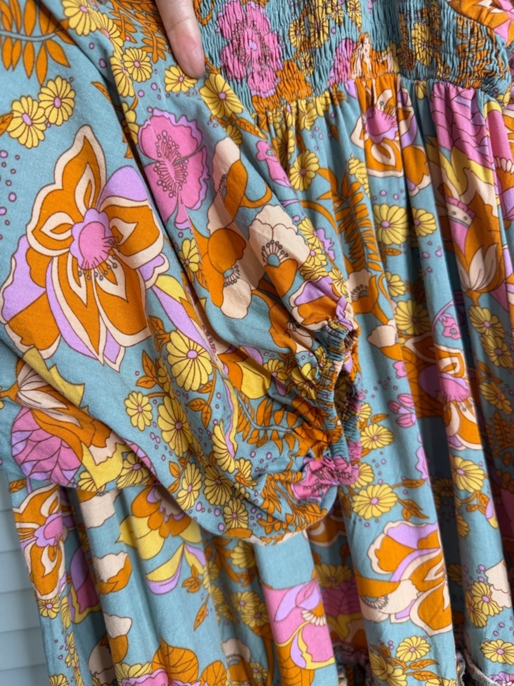 Habit Floral Boho Mini Dress Smocked Peasant Long Sleeve Pink Orange Size M - Picture 5 of 8